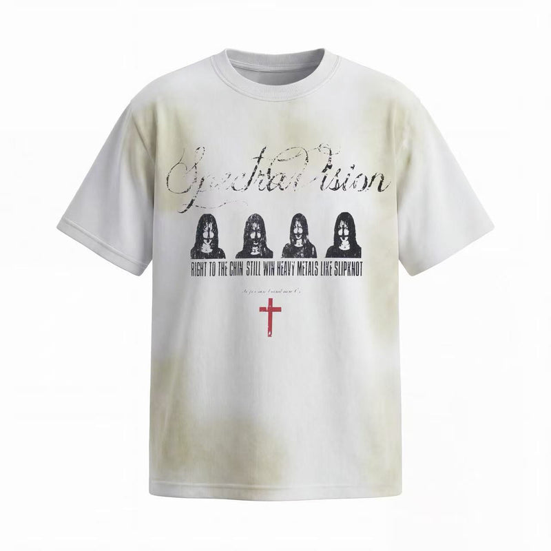 Washed white distressed graphic tee with faded black print, four face portraits, and a small red cross