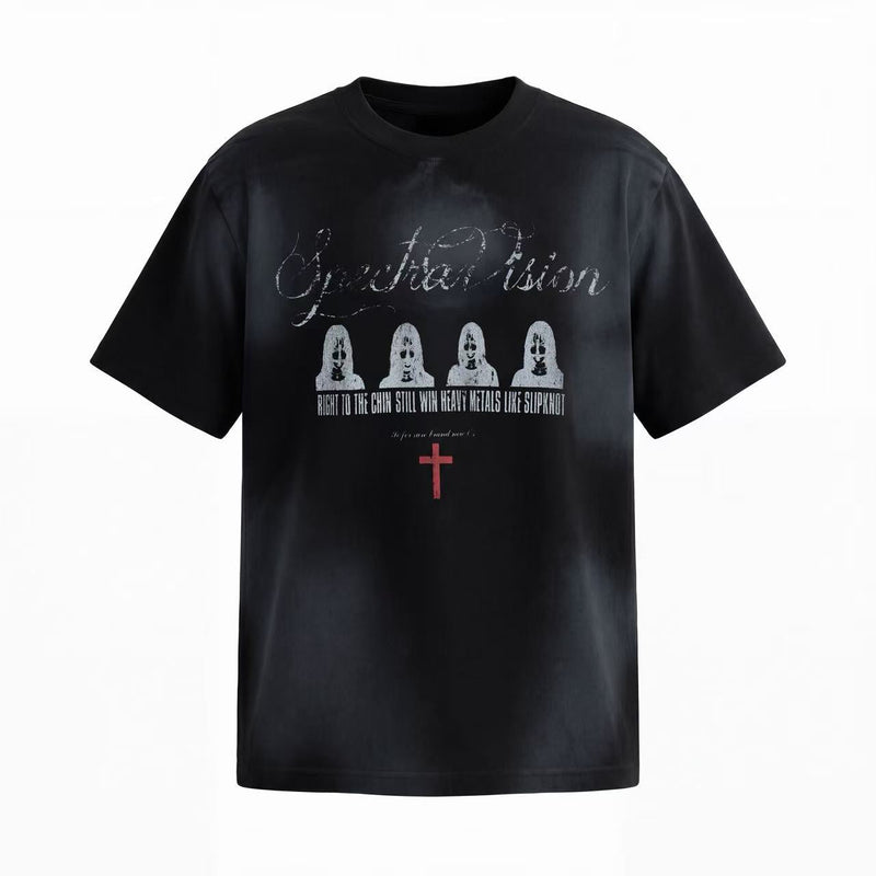 Black distressed graphic tee with faded Spectra Vision print, skull artwork, and red cross on a washed streetwear fit