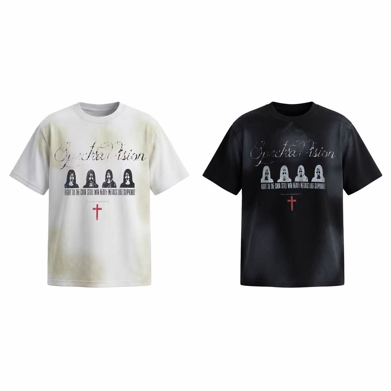 Omirad Spectra Vision distressed graphic tee in washed white and washed black with gothic band-style front print