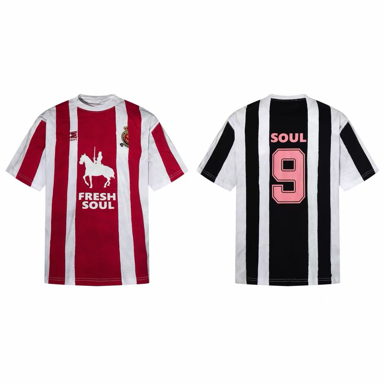 Omirad Fresh Soul Striped Jersey Tee front and back view showing red-white and black-white vertical stripes with knight graph