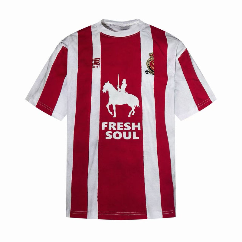 Red and white striped football jersey tee with Fresh Soul graphic and streetwear styling