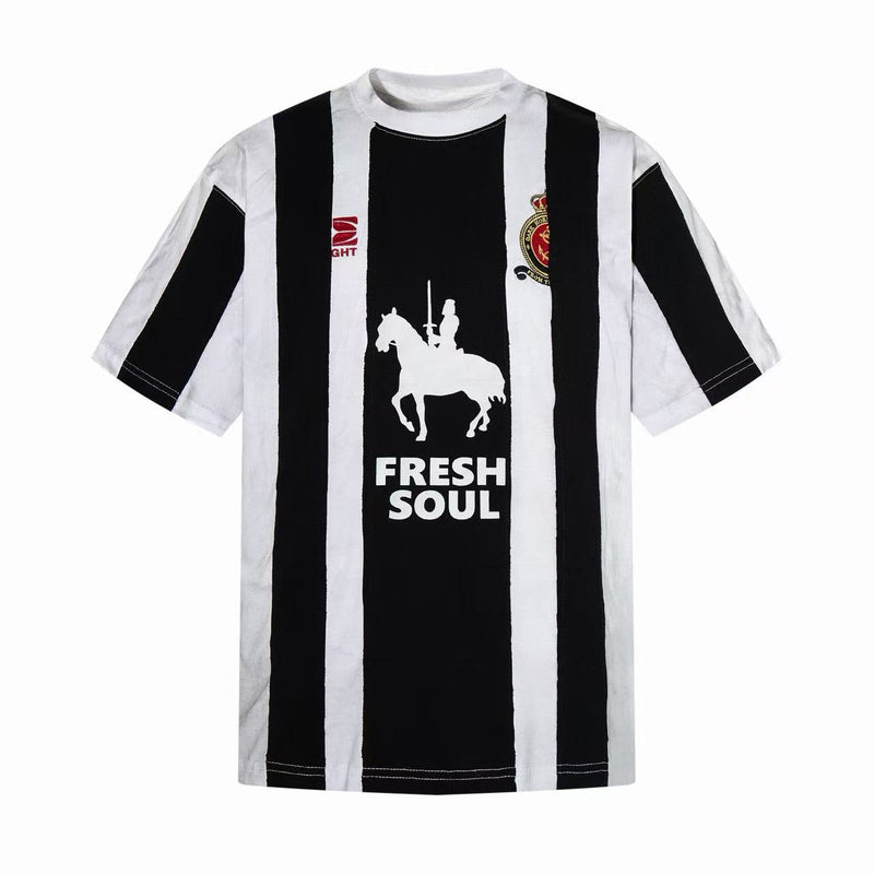 Black and white striped football jersey tee with Fresh Soul graphic and short sleeves on a clean white background