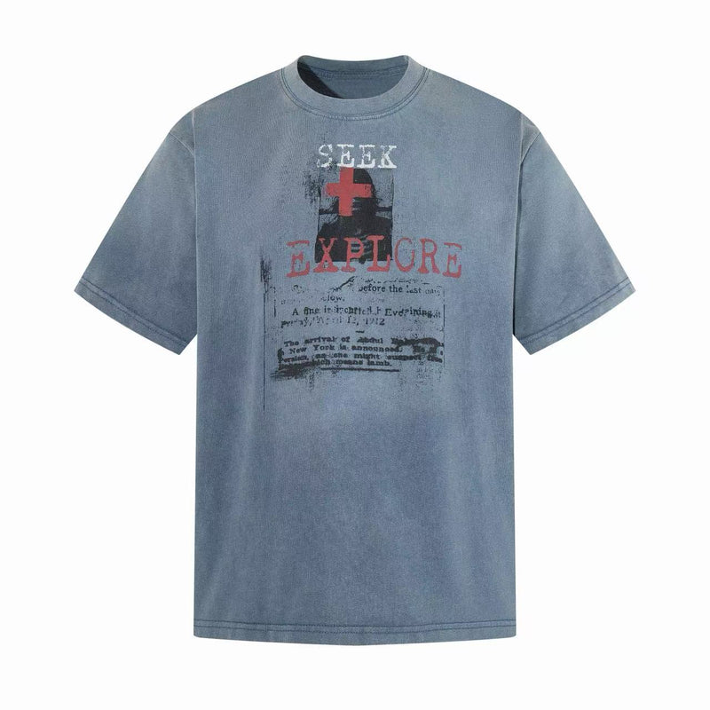 Vintage washed blue graphic T-shirt with SEEK EXPLORE print and distressed streetwear design