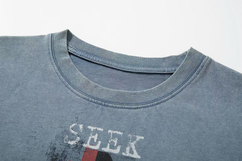 Vintage washed blue graphic T-shirt with faded SEEK print and ribbed crew neckline