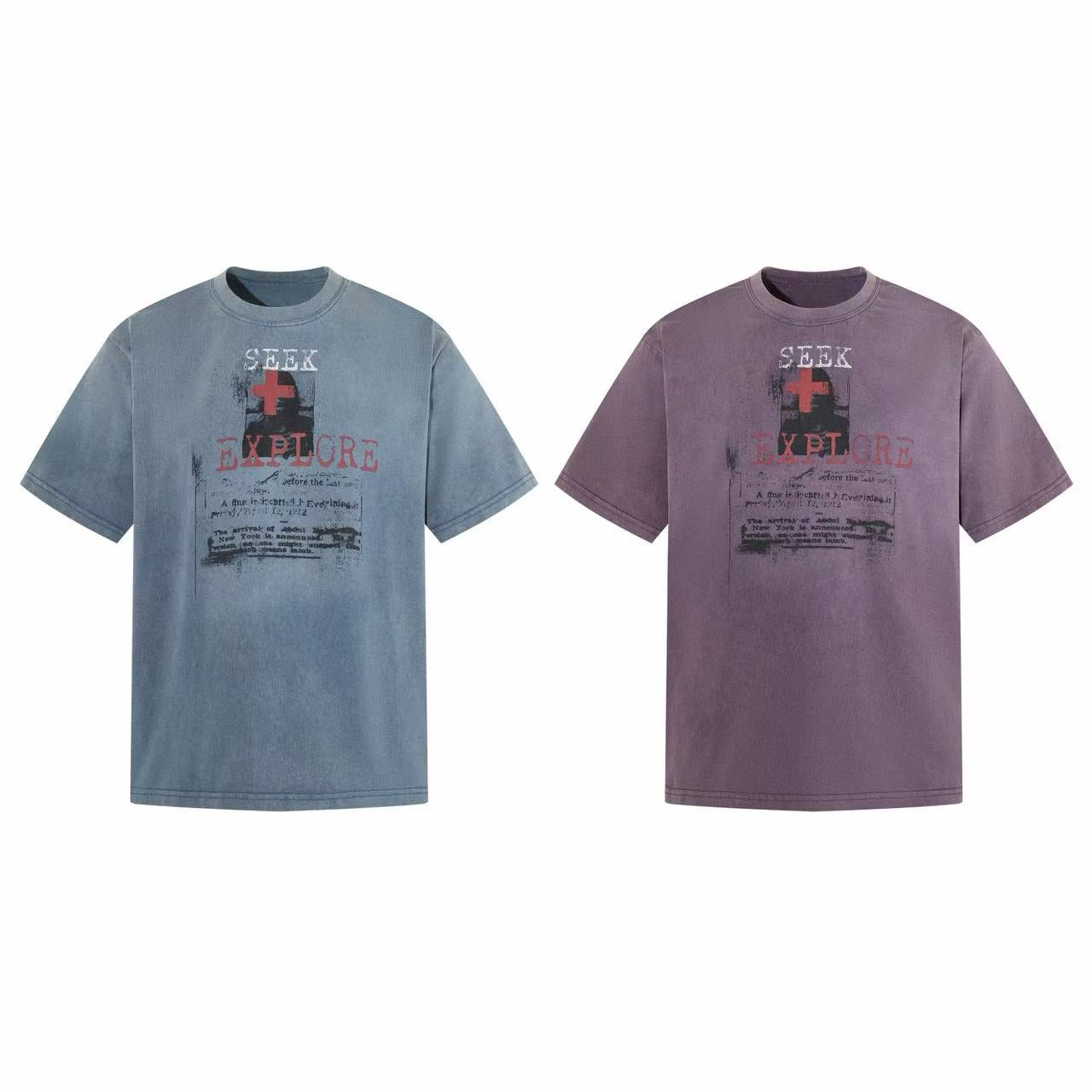 Seek and Explore washed graphic t-shirts in slate blue and mauve purple with distressed red cross print, flat lay front view