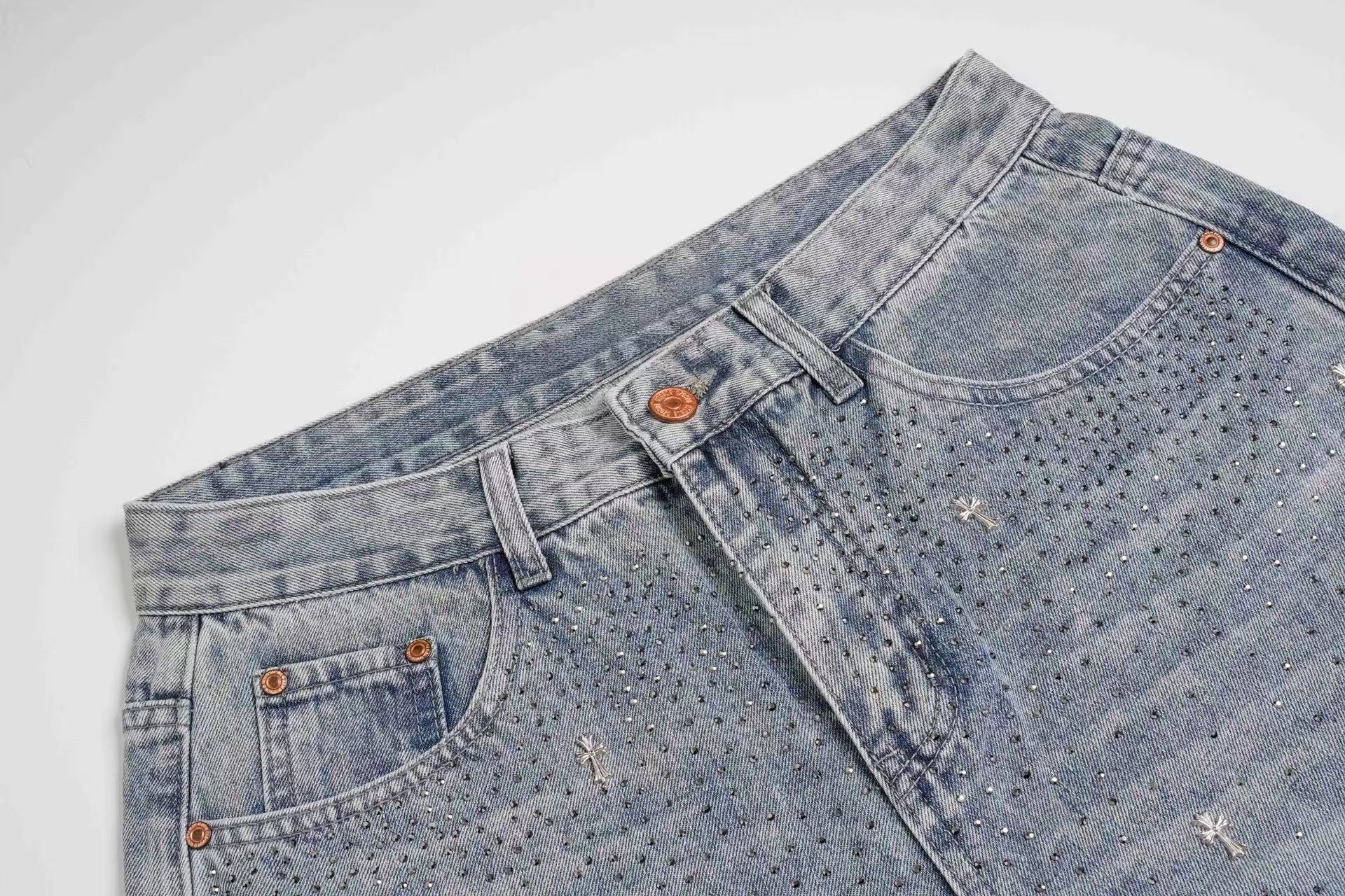 Stardust Wide-Leg Jeans | Rhinestone Washed Denim