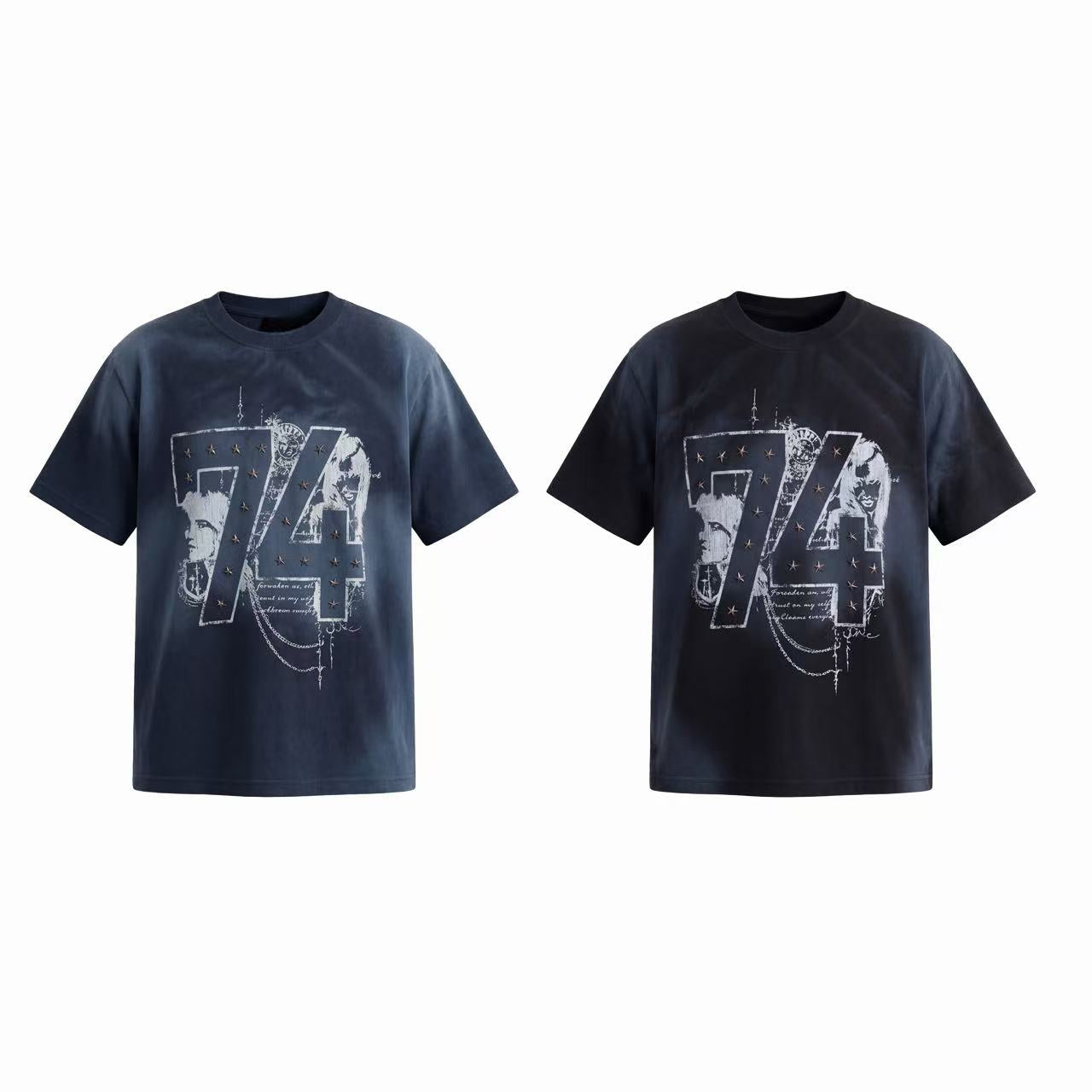 Omirad 74 Star Distressed Graphic Tee shown in washed navy and washed black, front and back views
