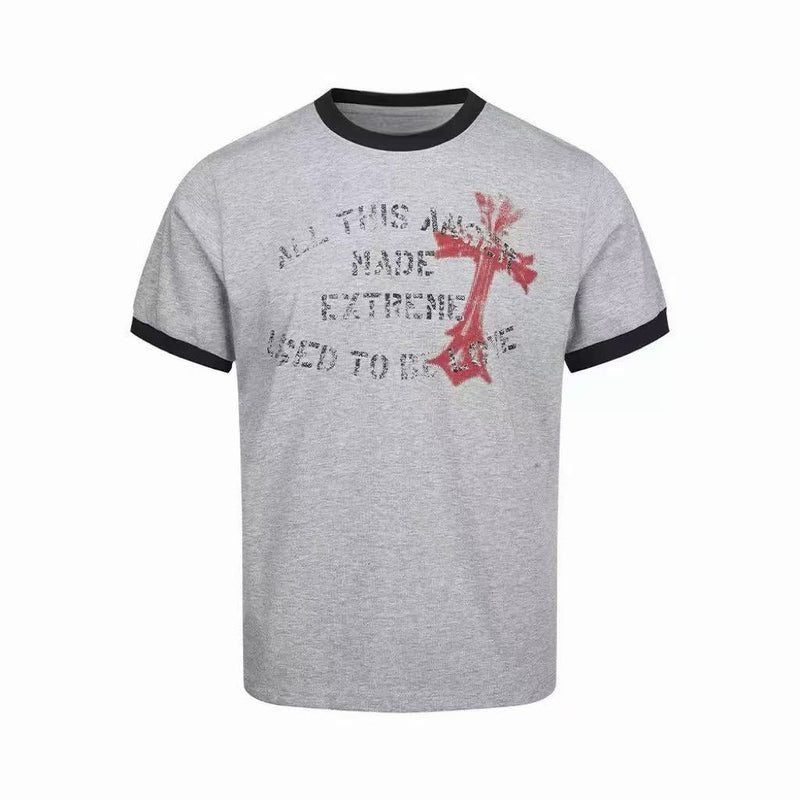 Gray ringer T-shirt with black trim and distressed red cross graphic on the chest