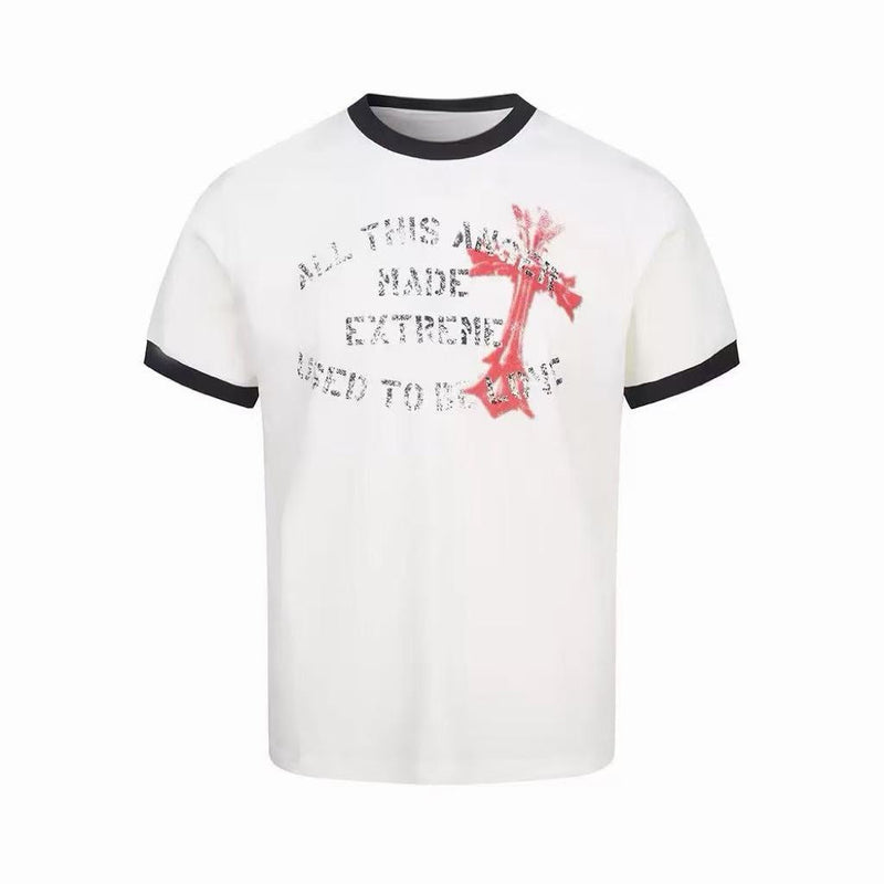 White ringer T-shirt with black trim and distressed cross graphic print on the chest