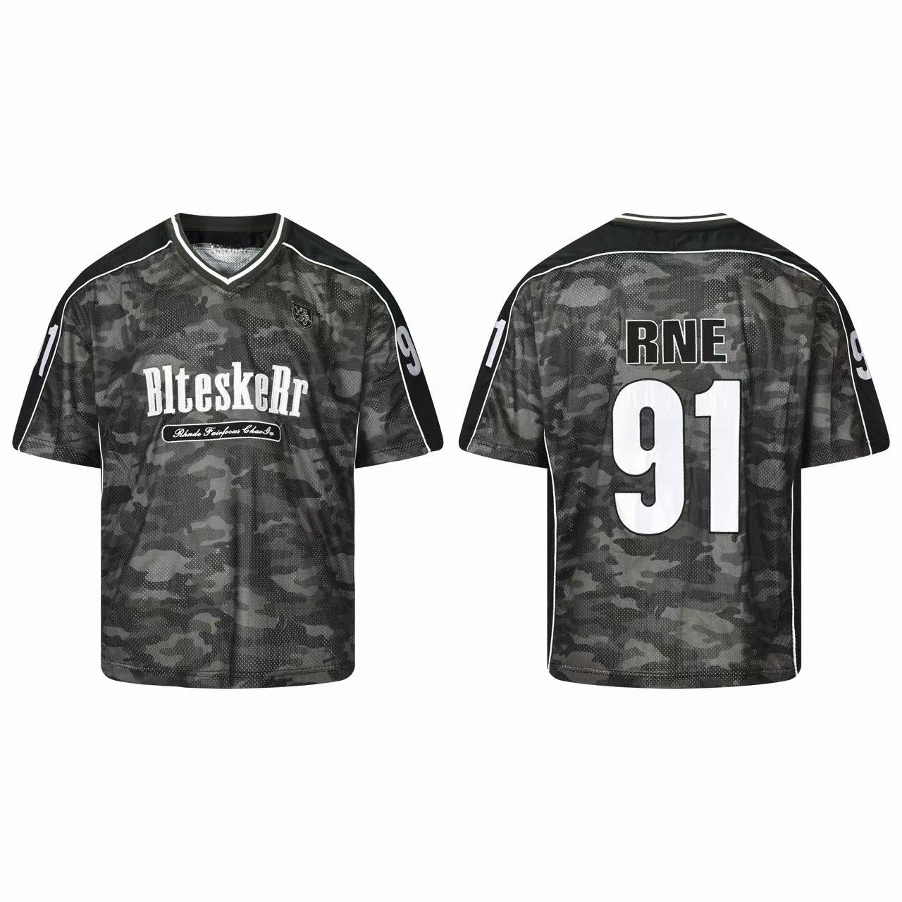 Front and back view of a dark camo mesh athletic jersey with number 91 and RNE print, contrast black panels and white piping