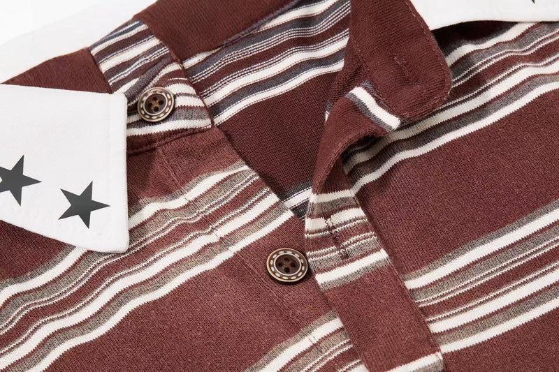 Close-up of a brown vintage striped rugby polo shirt with button placket and contrast collar detailing