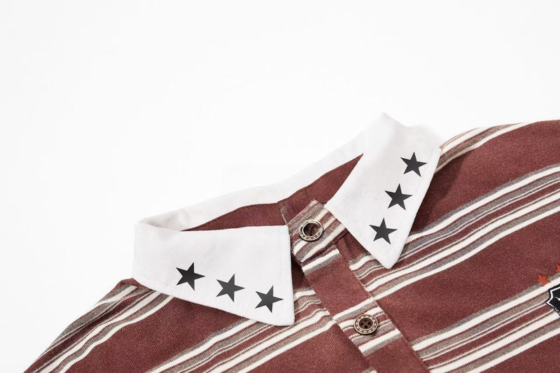 Vintage striped rugby polo shirt with white star collar and brown retro 90s graphic detail
