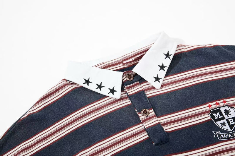 Vintage striped rugby polo shirt with white collar, star details, and retro crest on navy and red fabric