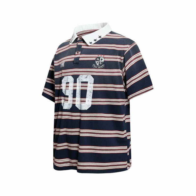 Navy striped rugby polo shirt with white collar, vintage 90s graphic and oversized distressed number 90 print