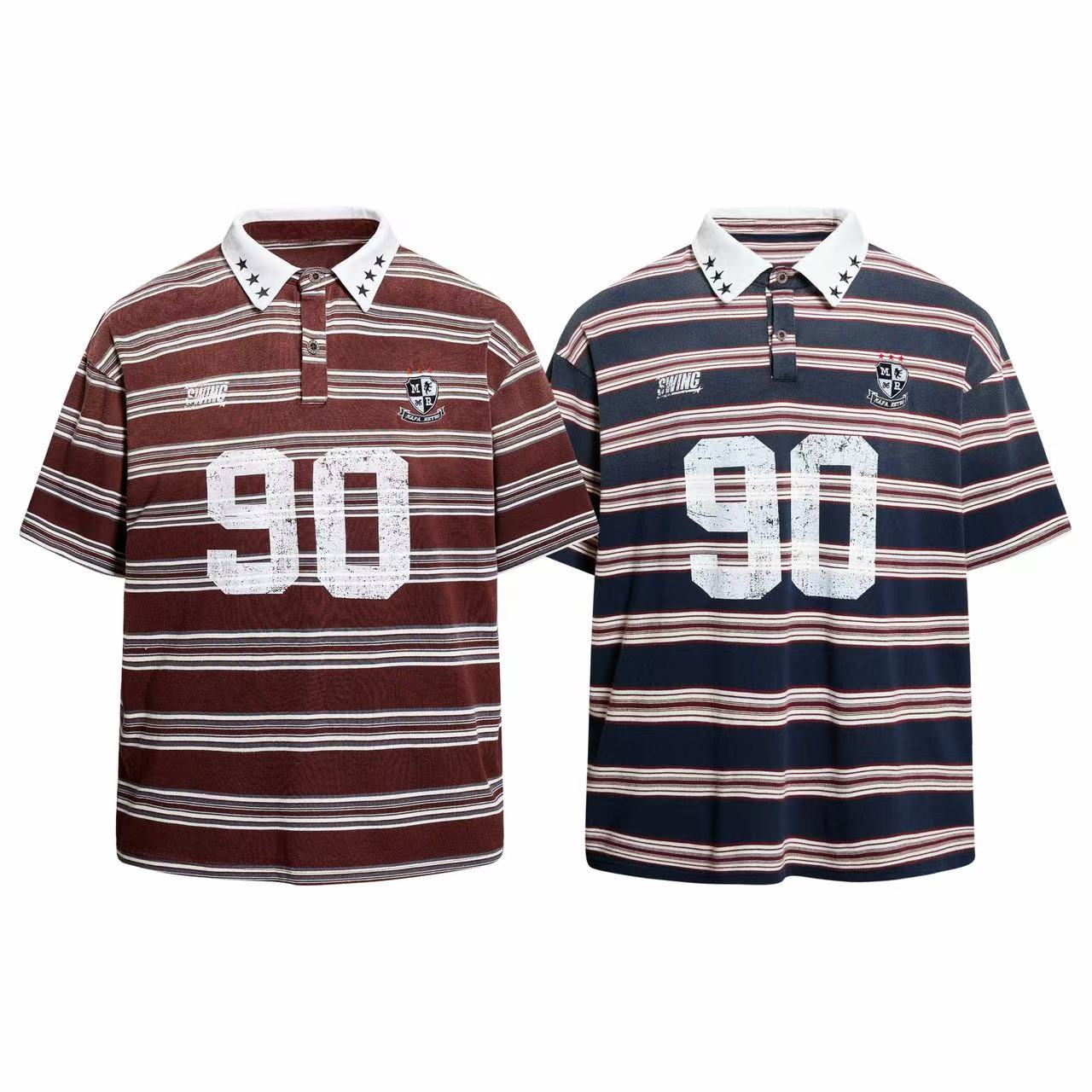 Omirad Vintage Stripe Rugby Polo in burgundy and navy with distressed 90 graphic print and white contrast collar