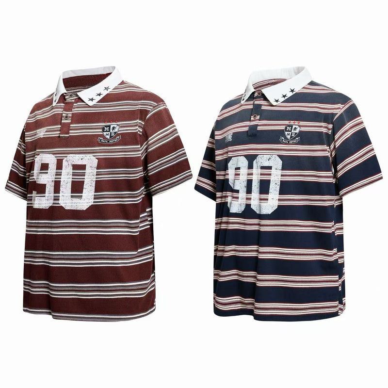 Vintage striped rugby polo shirt with white collar, star detail, and bold 90 graphic in burgundy and navy