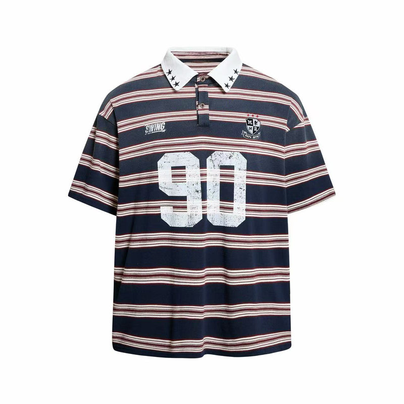 Vintage navy striped rugby polo shirt with white collar, star details, and large 90 graphic