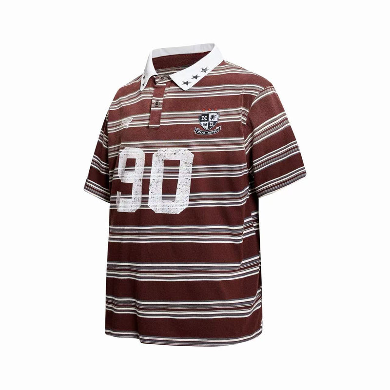Maroon striped rugby polo shirt with white collar, distressed 90 graphic, and retro crest patch