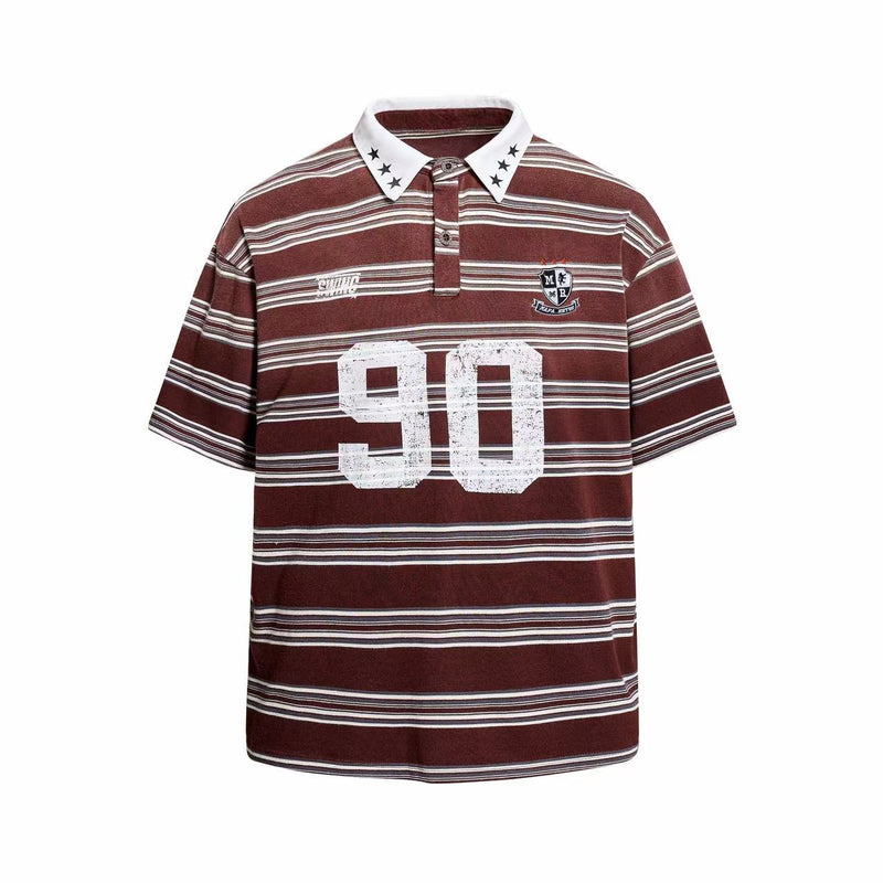Vintage burgundy striped rugby polo shirt with white collar, star details, crest, and large distressed 90 graphic