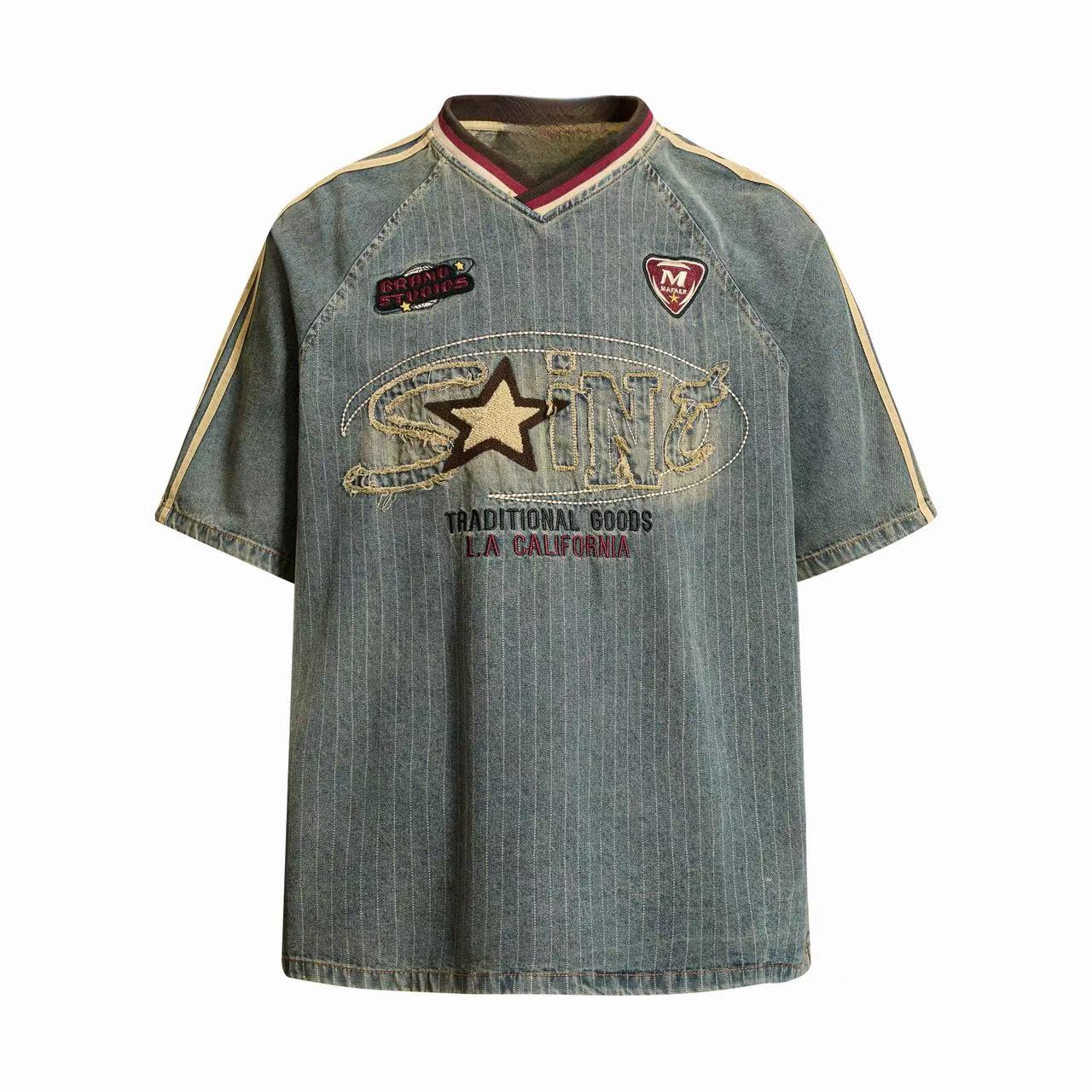 Vintage Pinstripe Denim Sport Tee | Embroidered Streetwear