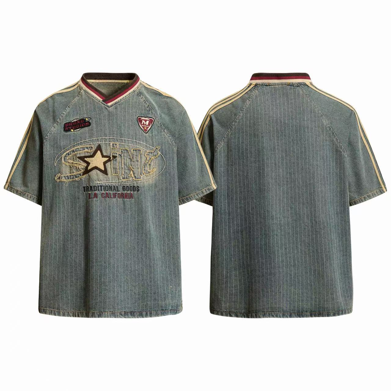 Front and back view of a faded pinstripe cotton sport tee with star embroidery, V-neck contrast trim, and raglan sleeves