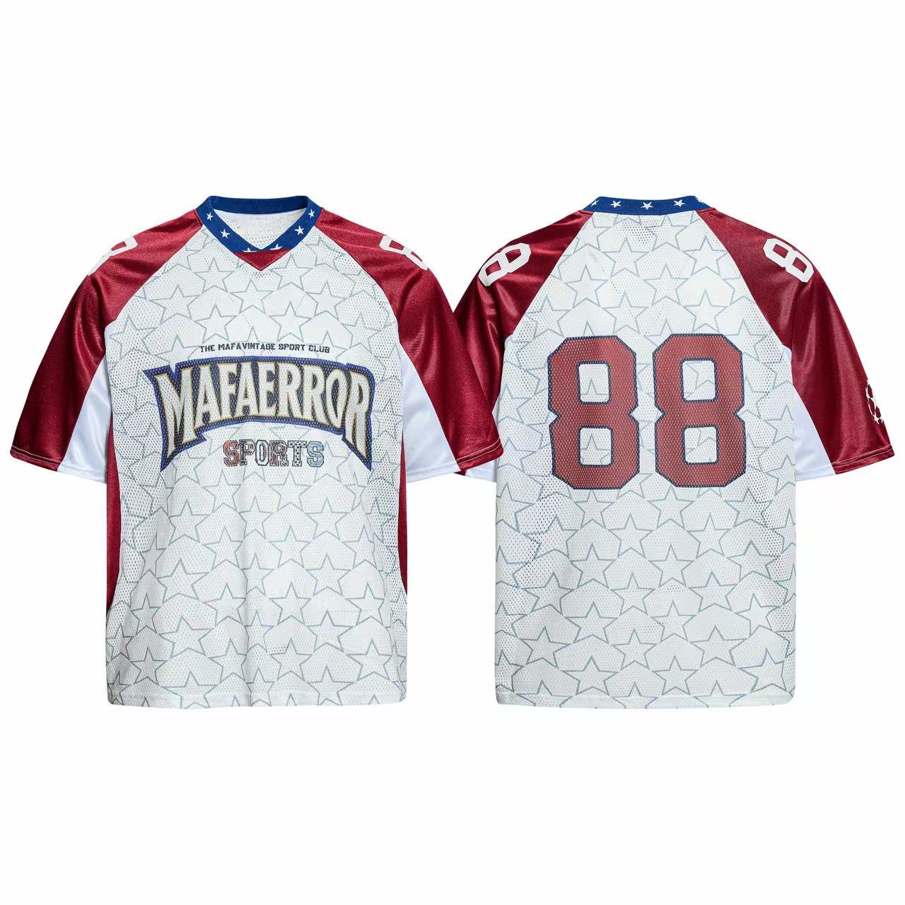 Front and back view of white and red all-over star print mesh football jersey with varsity graphics and number 88