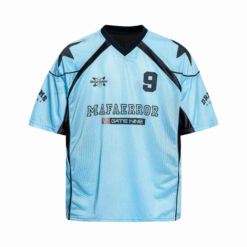 Light blue mesh jersey with black trim, star shoulder accents, and bold number 9 streetwear graphics