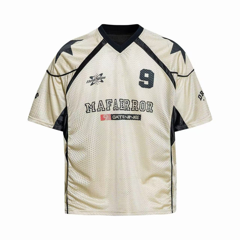 Beige mesh sports jersey with black trim and number 9, featuring Mafaerror branding and streetwear styling