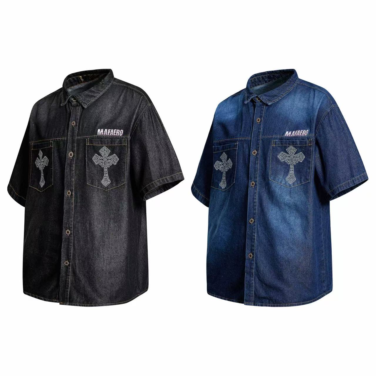 Mafaero Rhinestone Cross Denim Shirt | Streetwear Button-Up