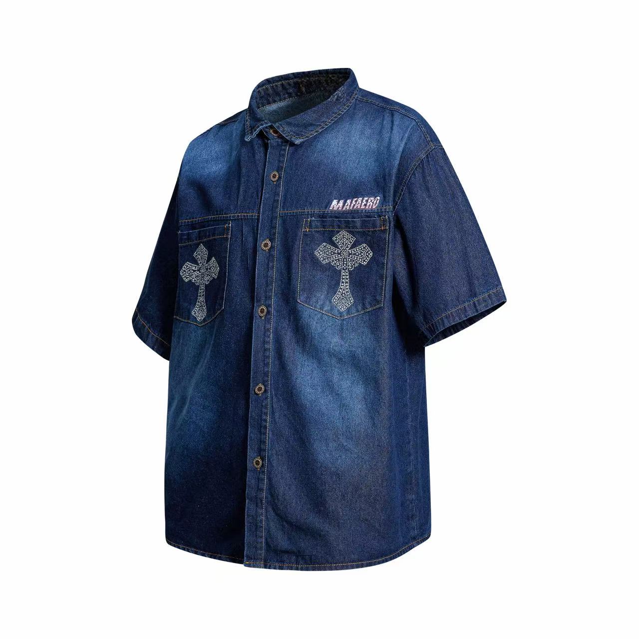 Mafaero Rhinestone Cross Denim Shirt | Streetwear Button-Up
