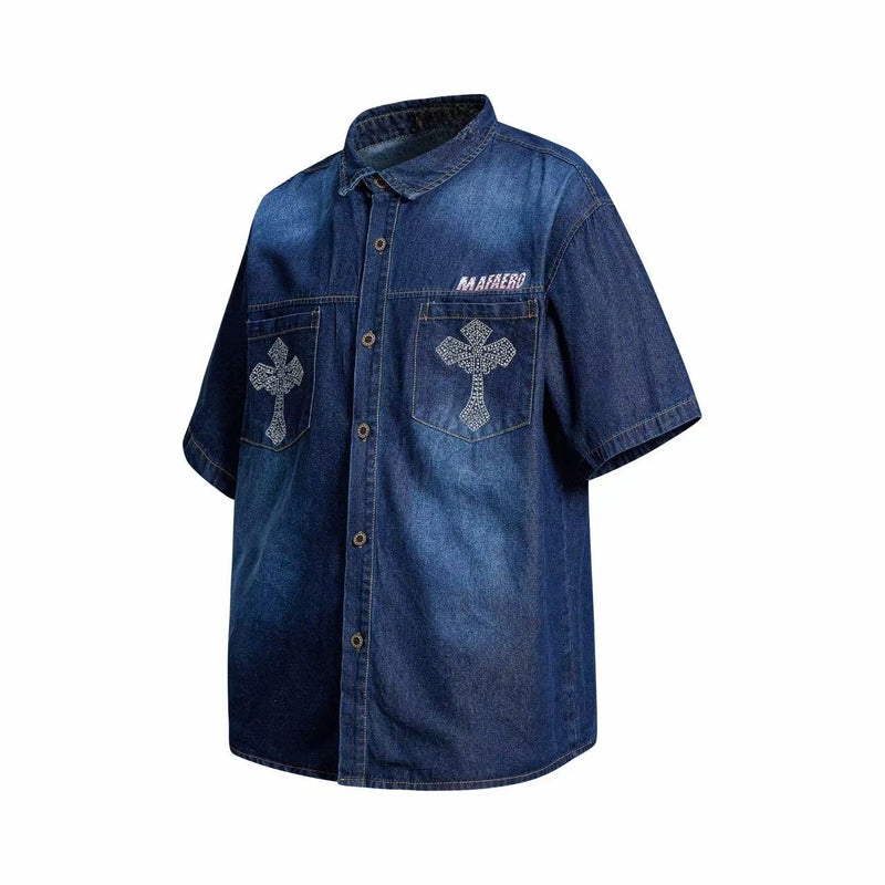 Dark blue short-sleeve denim button-up shirt with rhinestone cross pockets and a relaxed streetwear fit