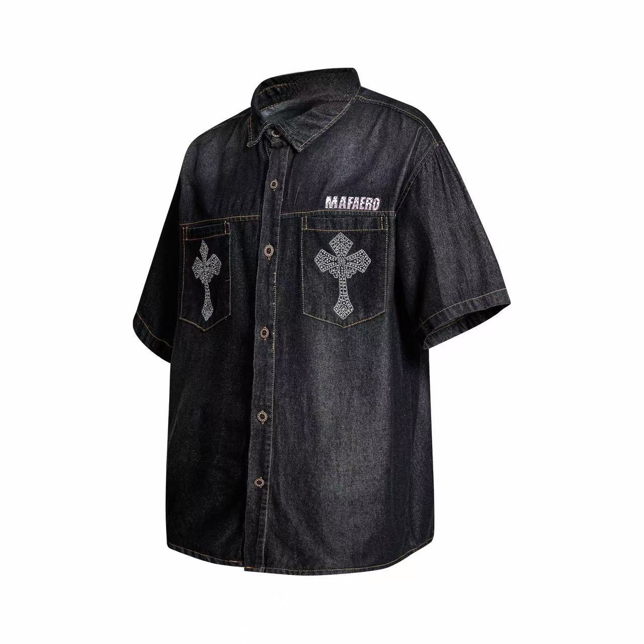 Mafaero Rhinestone Cross Denim Shirt | Streetwear Button-Up