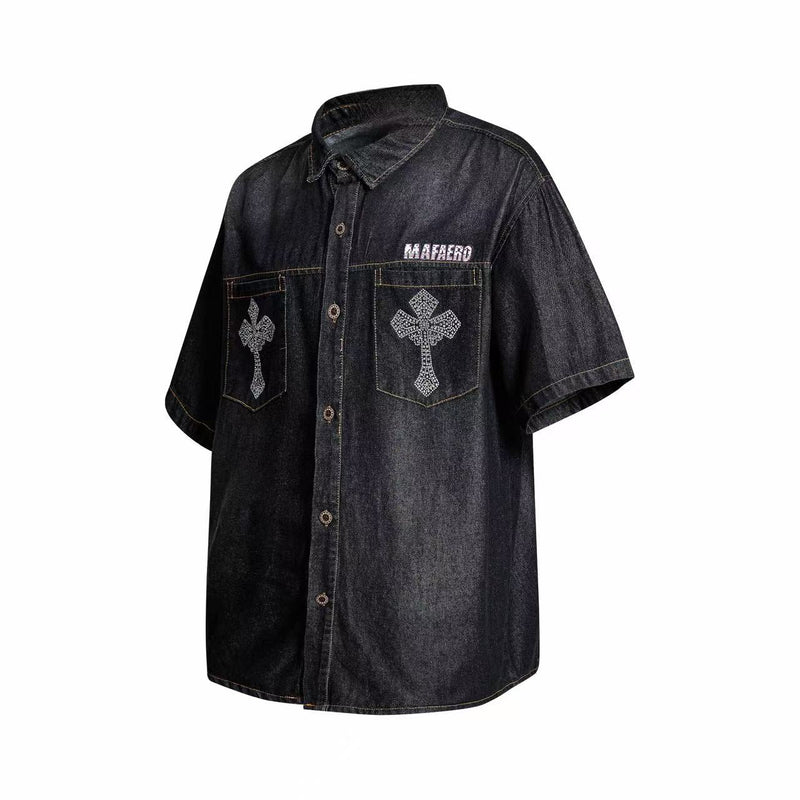 Black short-sleeve denim button-up shirt with rhinestone cross chest pockets and streetwear styling