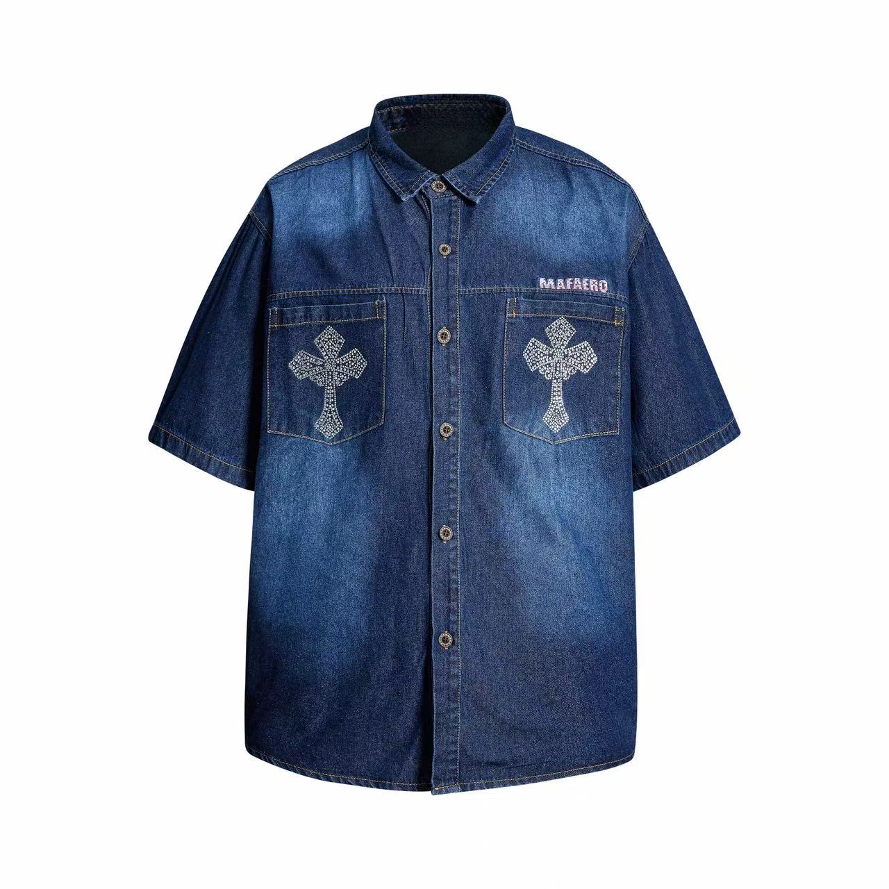 Mafaero Rhinestone Cross Denim Shirt | Streetwear Button-Up