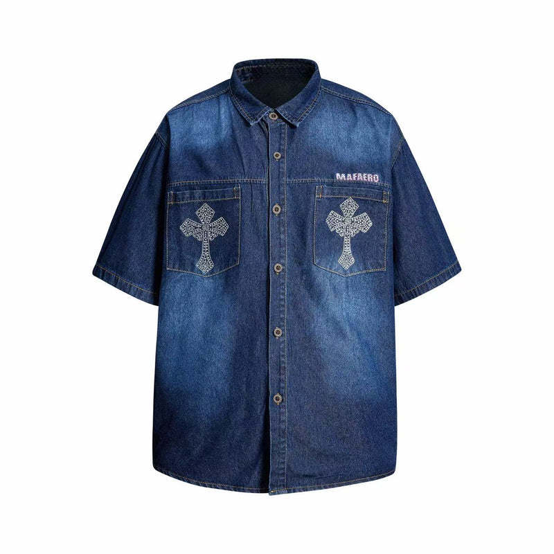 Dark wash denim button-up shirt with short sleeves, rhinestone cross chest pockets, and Mafaero logo detail