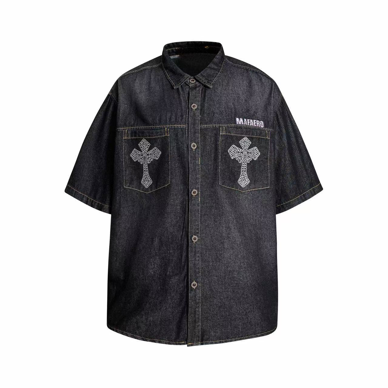 Mafaero Rhinestone Cross Denim Shirt | Streetwear Button-Up
