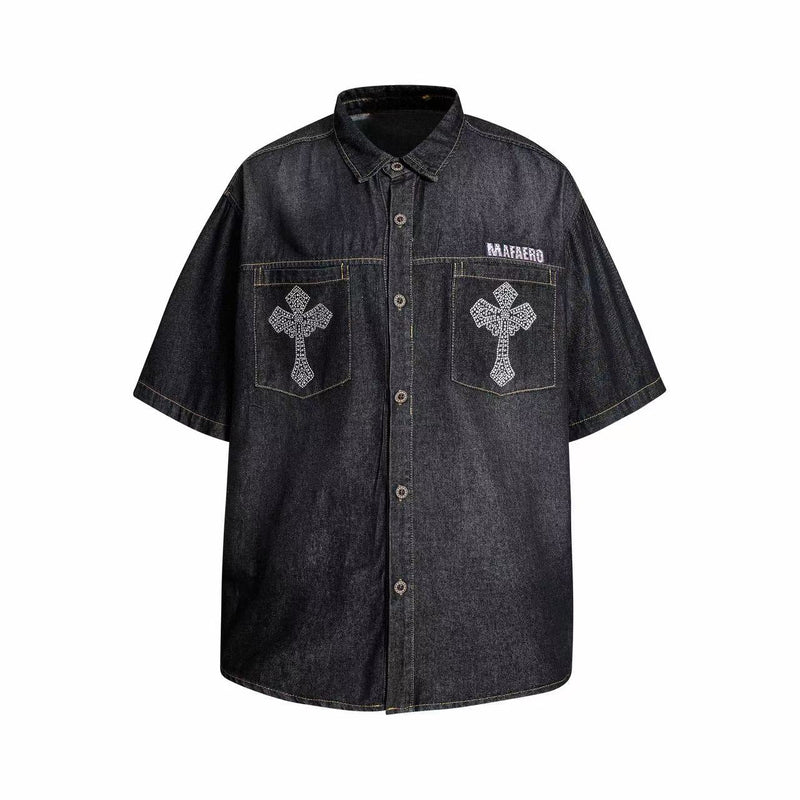 Black denim short-sleeve button-up shirt with rhinestone cross chest pockets and MAFAERO logo detail