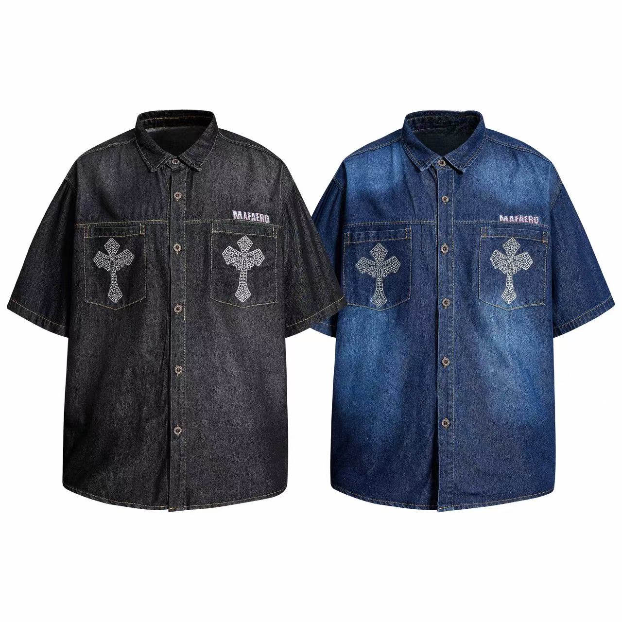 Mafaero rhinestone cross denim shirt in washed black and indigo blue, short sleeve relaxed fit with dual chest pockets