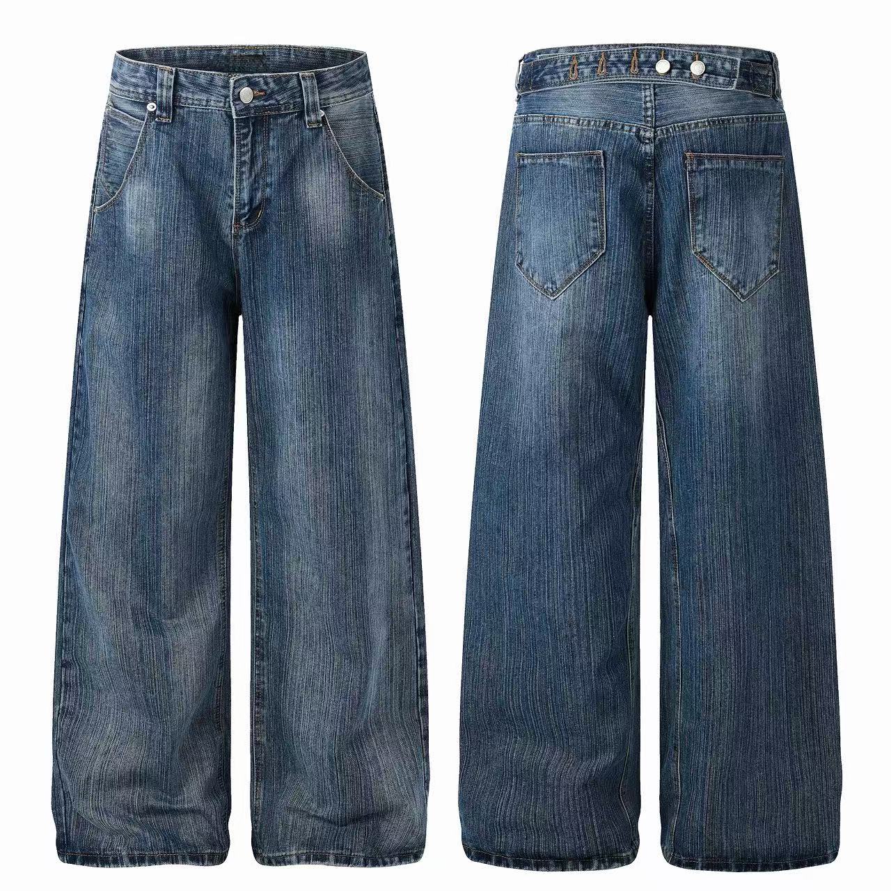 Front and back view of wide-leg vintage grain wash blue denim jeans with five-pocket design and button fly closure