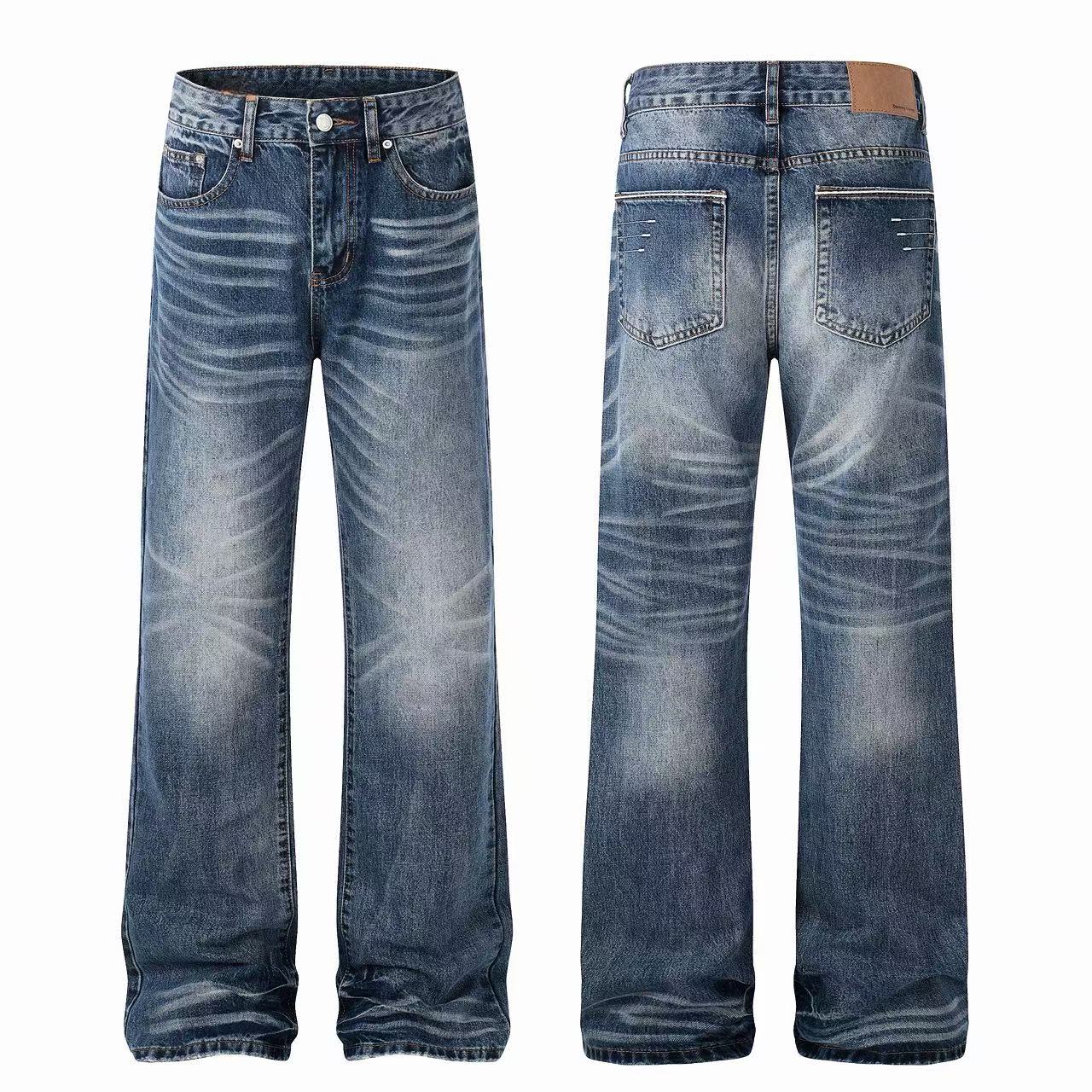 Front and back view of Omirad vintage fade straight-leg denim jeans with heavy whisker detailing and amber stitching