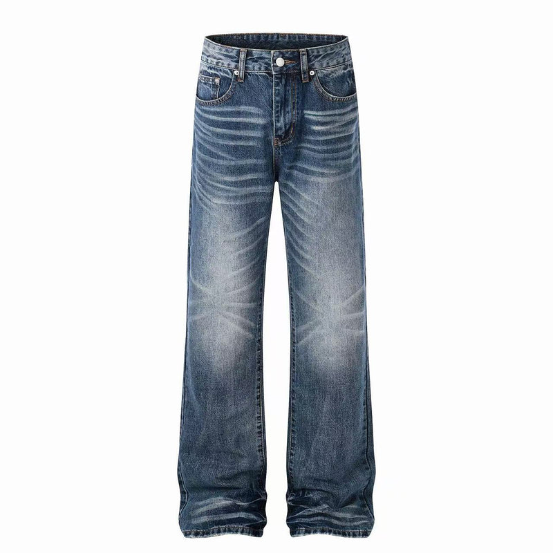 Front view of blue straight-leg denim jeans with faded whiskering and five pockets
