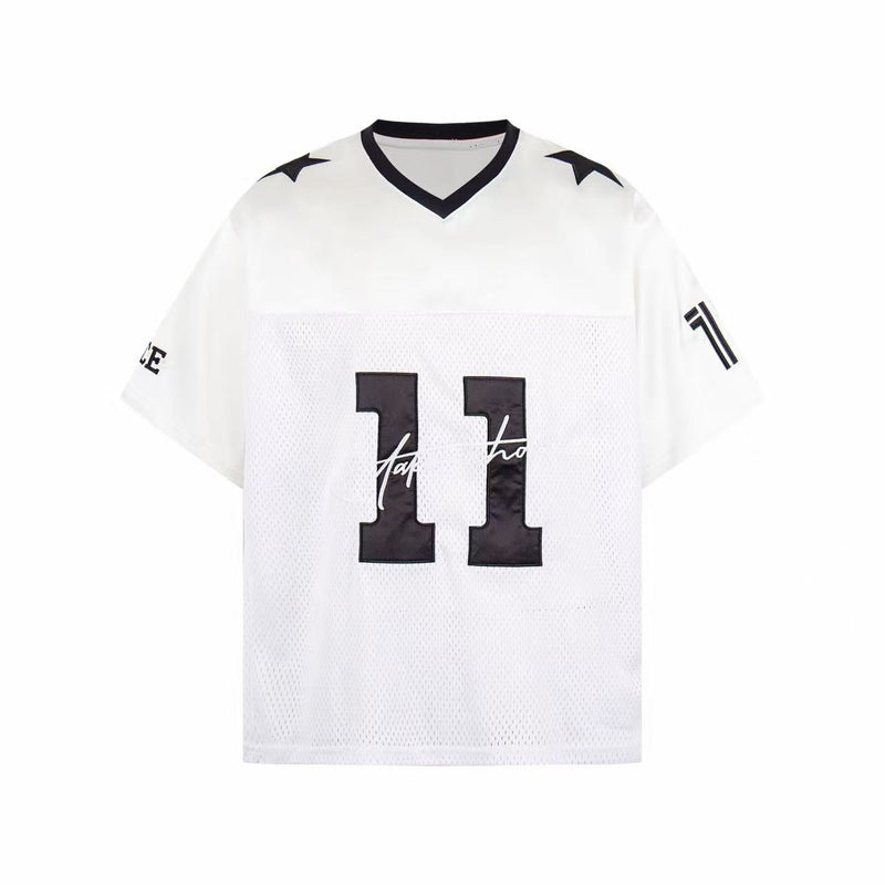 White mesh football jersey tee with black V-neck trim, star shoulder accents, and large number 11 graphic