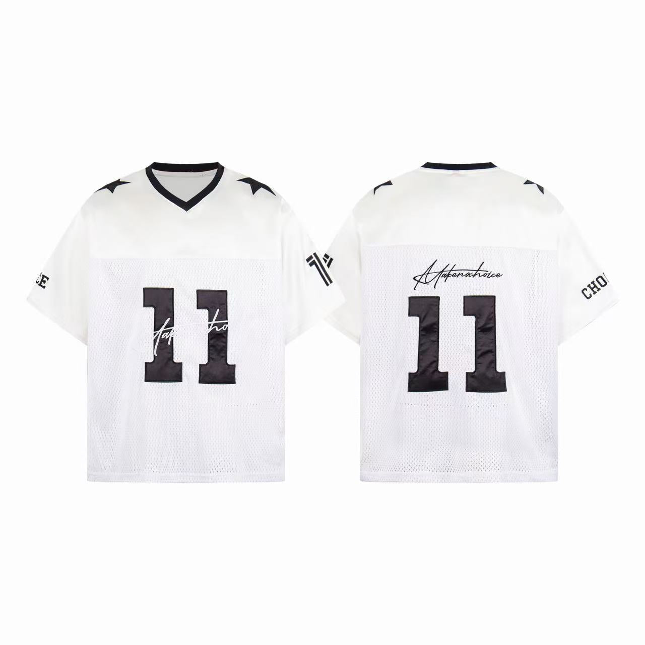 Omirad 11 Mesh Jersey Tee in white with black number 11 graphics, star shoulder accents, and V-neck collar, front and back vi