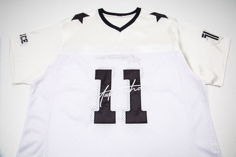 White mesh jersey tee with black V-neck, star shoulder details, and bold number 11 on the front