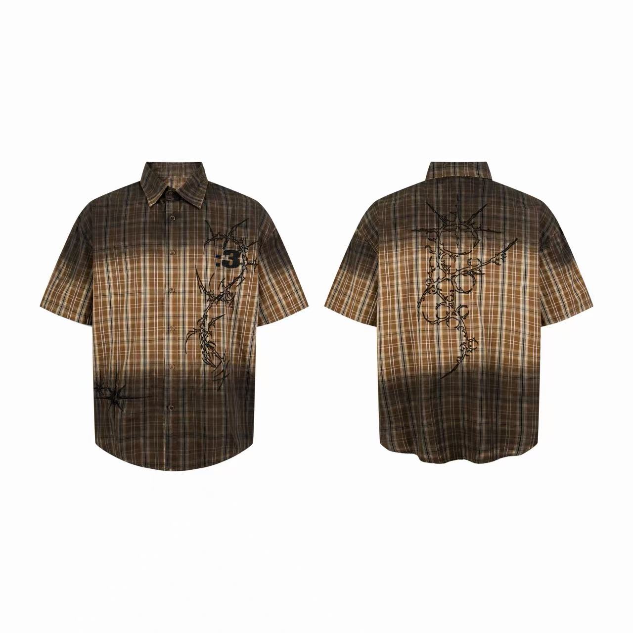 Omirad vintage brown plaid short-sleeve shirt with abstract thorn graphic print, front and back view