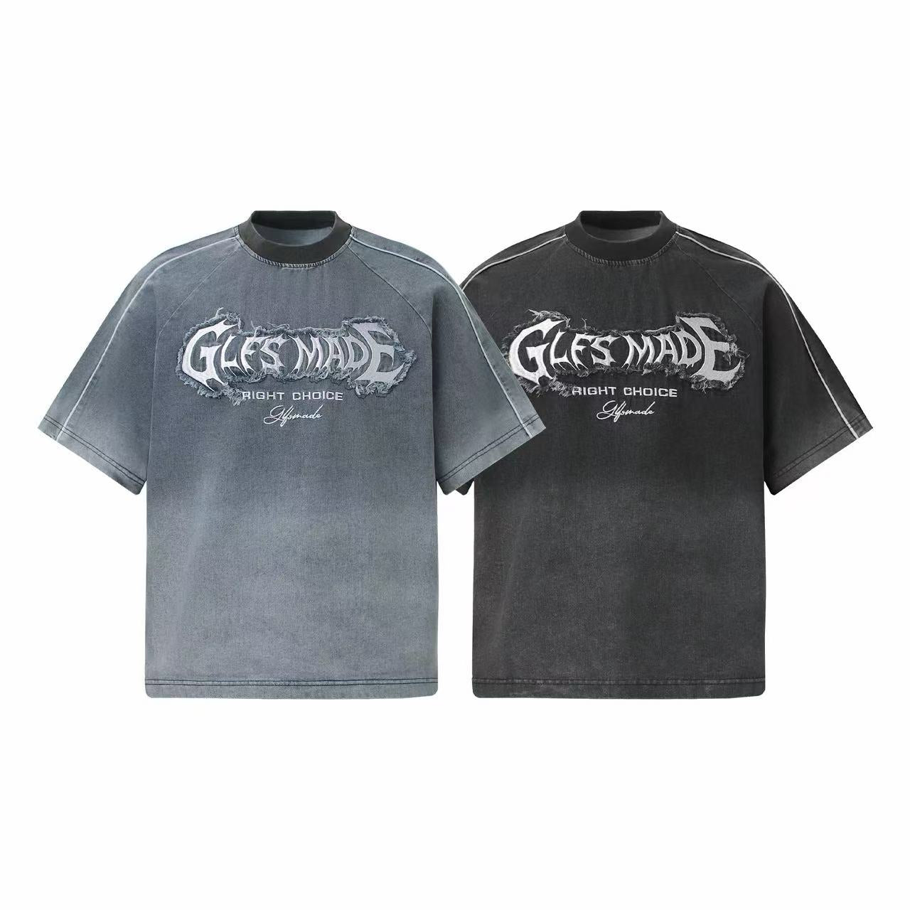 Two vintage washed graphic t-shirts side by side in faded slate blue and washed charcoal with distressed GLFS Made chest prin