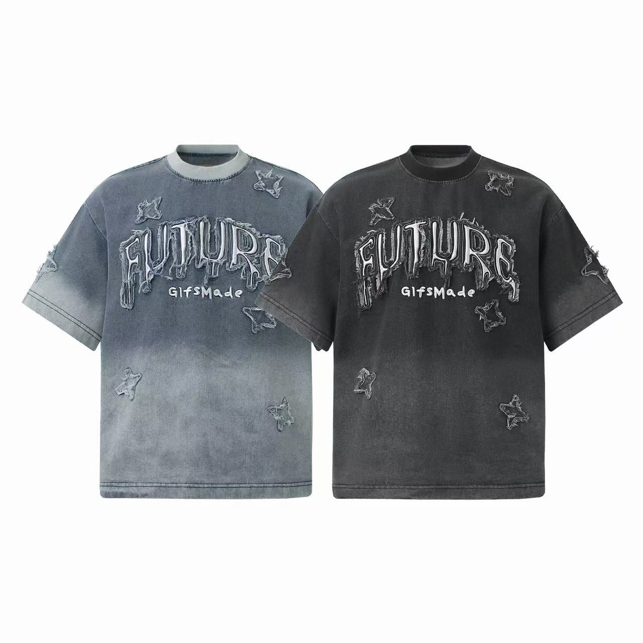 Two vintage washed graphic t-shirts side by side in blue-grey and charcoal, featuring raised FUTURE lettering and distressed