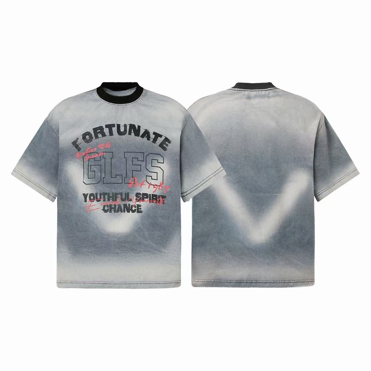 Front and back view of a washed grey spray fade graphic t-shirt with GLFS varsity print and black contrast collar