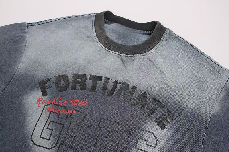 Washed gray vintage graphic T-shirt with black ribbed collar and faded Fortune print on front