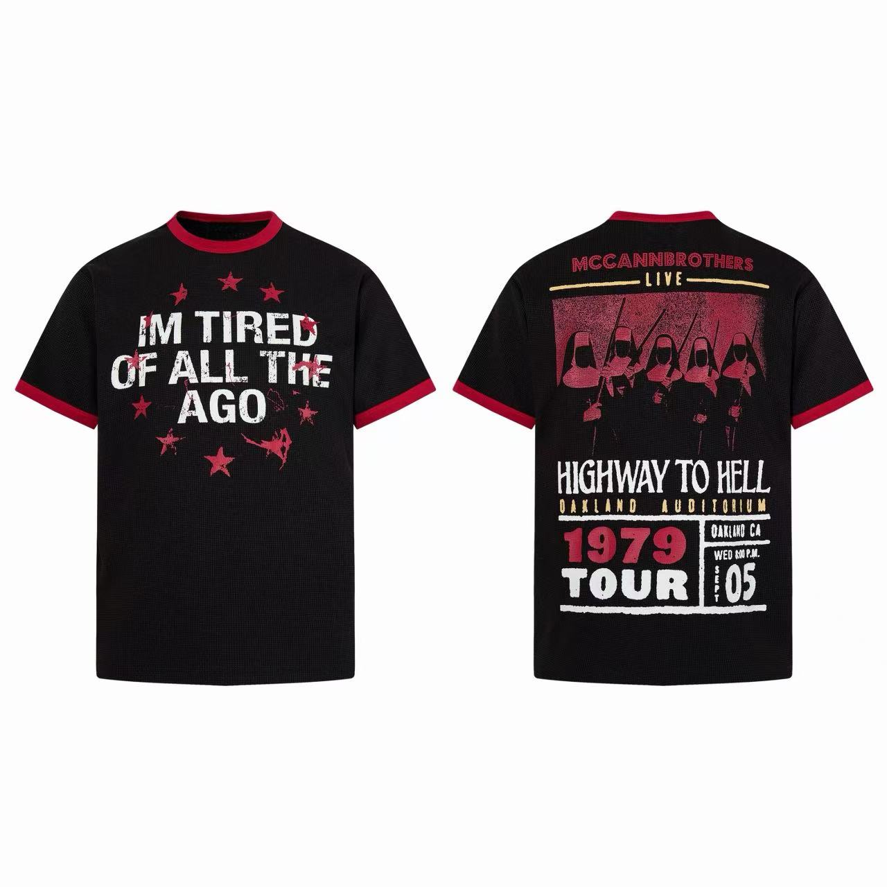 Black ringer t-shirt with red contrast collar showing distressed vintage tour graphic print and star elements on front